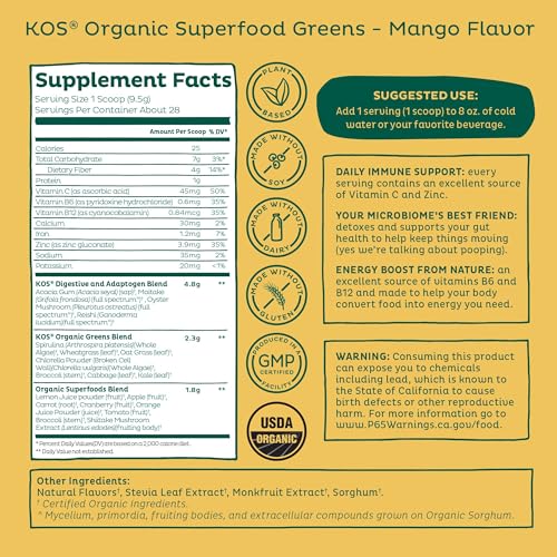 image for KOS Organic Superfood Greens Powder - Gut Health from Prebiotic Fiber,