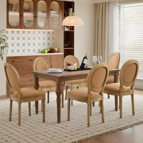 SoarFlash Vantage Esszimmerstühle mit runder Rückenlehne, Holzbeine, Bauernhaus, Landhausstuhl, für Küche, Schlafzimmer, Braun, 6 Stück