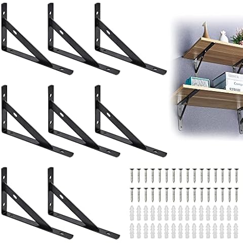 WUHEECOME 8 Pcs Wall Mounted Shelf Brackets 15cm Heavy Duty Floating Shelf Brackets Triangle Shelving Brackets Right Angle Wall Mounted Shelf Supporters Black Corner Brace with Screws & Anchors Cover