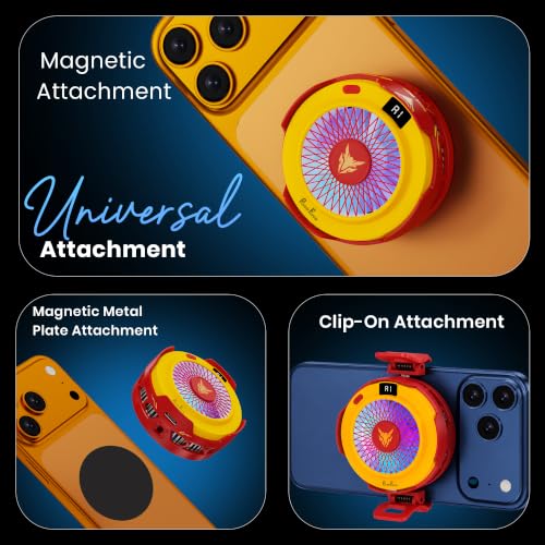Image of PunnkFunnk Phone Cooler for Gaming, 5000 RPM 7-Blade Fan, RGB Light, Semiconductor Cooling Chip, Type-C Powered, LED Display, Clamp Mount Mobile Cooling Fan for Android & iOS (Red Yellow)