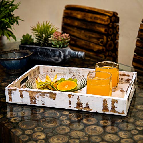 GoCraft Handmade Classic Wooden Tray Medium Size | Serveware Kitchen Accessories Tray - 15\" (Rustic White Finish)