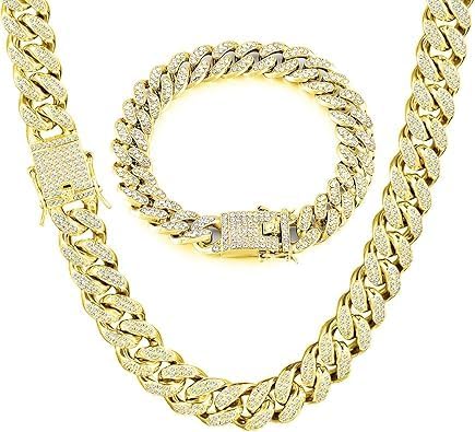 Cuban Link Chain for Men,Silver Necklace and Bracelet,Miami Cuban Chains,Bling Diamond Chain for Hip Hop Jewelry