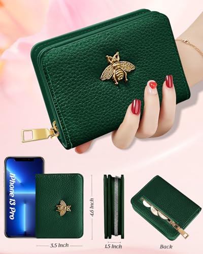 Image of Bistup Leather 12 Slot Accordion Card Holder Wallet, Green Bee | Accordion Storage, Zipper Around Closure, Compact Patterned Wallet for IDs, Cards, Cash, Daily Carry and Gifts