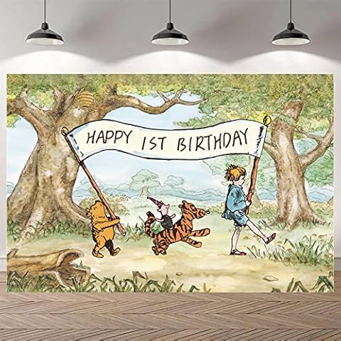 Winnie Backdrop Happy 1 st Birthday Photography Background Pooh Baby Shower Decorations 57 x 37 Inch Banner for Kids First Birthday Party Supplies Favors Cover