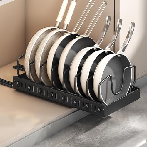 KASTWAVE Pots and Pans Organizer, Sliding Pot Lid Holder and Pan Rack in Kitchen, Pull Out Pots and Pans Organizer for Cabinet, for Pot Lid, Bakeware, Dishes, Pots and Pans Storage (Black)