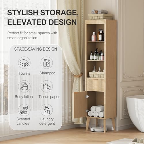 Image of 70 inch H Tall Storage Cabinet, Fluted Freestanding Floor Organizer for Bathroom, Kitchen Pantry, Utility Room, w /Drawer & Adjustable Shelves, Modern Accent in Natural Wood