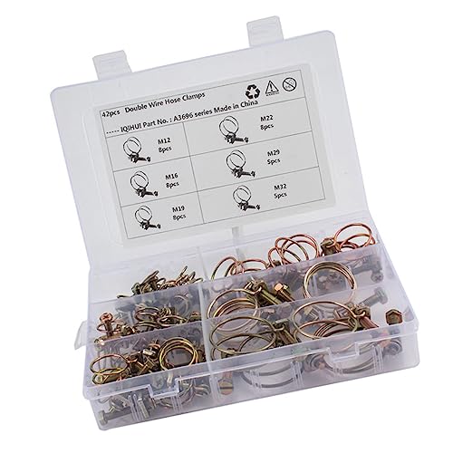PRETYZOOM 42pcs Heavy Duty Hose Clamp Set Double Wire Pipe Clamp Adjustable Wire Tube Clip Zinc Plated Wide Range Size
