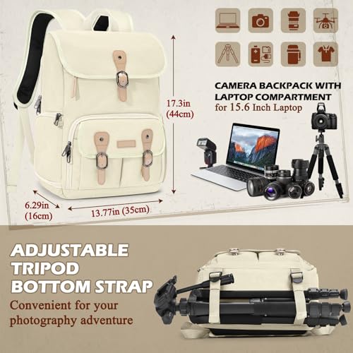 Image of RAINSMORE Camera Backpack, DSLR SLR Mirrorless Camera Bag for Photographer | 15.6 Inch Vintage Canvas Camera Case with Laptop Compartment & Tripod Holder & Rain Cover for Sony Canon Nikon Fujifilm Beige