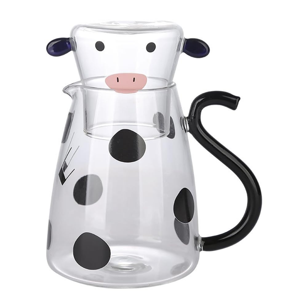 CTRLZS Glass Water Carafe Set with Cup Lovely Cartoon Cow Cold Kettle Flowering Teapot Canister Milk Iced Beverage Bottle,Large