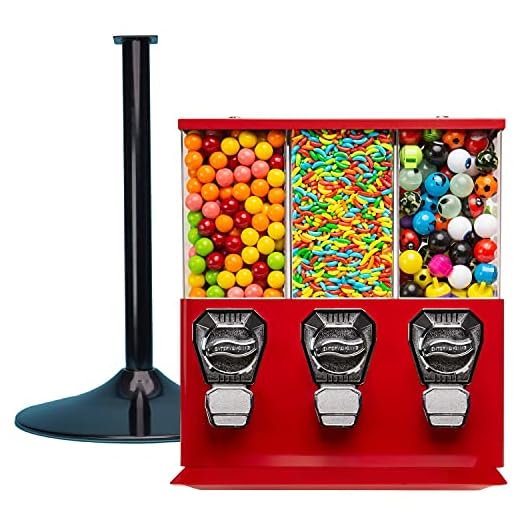 Vending Machine - Commercial Gumball and Candy Machine with Stand - Red Triple Vending Machine with Interchangeable Canisters - Coin Operated Candy Dispenser and Gumball Machine - Vending Dispenser