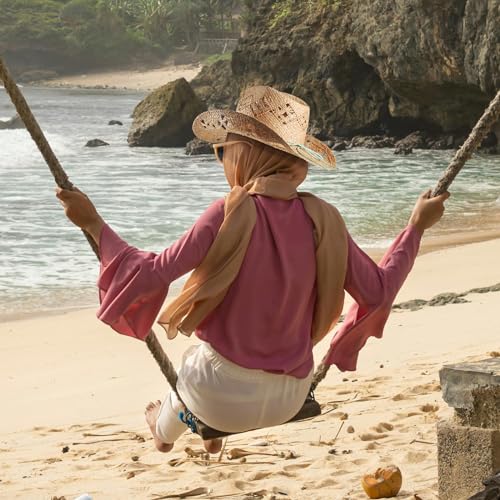Image of Men's Cowboy Hats Summer Women Beach Cowgirl Hat Raffia Unisex Western Sun Hat
