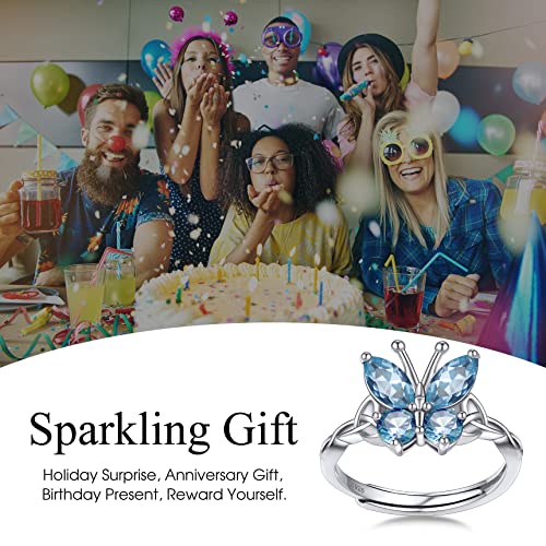 Bestyle Silver Butterfly Ring Adjustable-Sterling Silver March Aquamarine Birthstone Rings-Womens Hyperallergic Rings Simple Dainty Cute Butterfly Ring Sets For Girls Women Butterfly Lovers #TOP7
