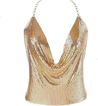 Gold Sexy Tops for Women Sparkly Deep V Neck Crop Tank Tops Cami Body Chain Top