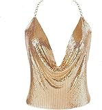 Gold Sexy Tops for Women Sparkly Crop Tank Tops Cami Deep V Neck Body Chain Metal Mesh Top