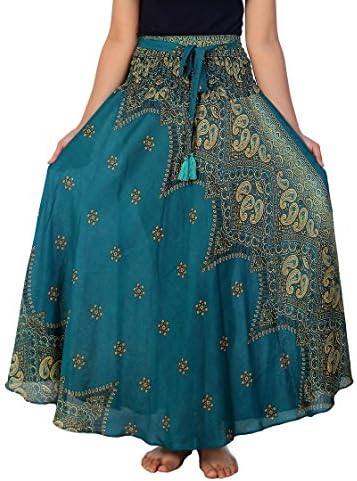 Lannaclothesdesign Women's Long Maxi Skirt Bohemian Gypsy Hippie Style Clothing Boho Skirts (US 37 INC L-XL, Teal Peacock Flower)