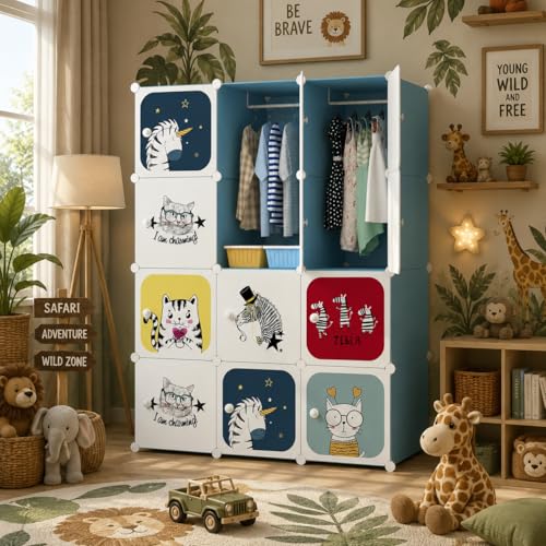 Image of Mevigo Foldable Plastic Wardrobe for Clothes - 12- Door Baby Cupboard for Clothes Storage, Wardrobe for Kids, Plastic Almirah, Collapsible Wardrobe for Kids Livingroom & Home (Blue-KTD2, 12- Door)