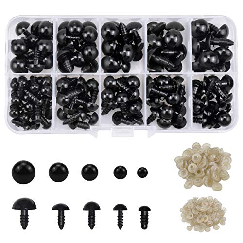 Doryum 142PCS Black Plastic Safety Eyes with Washers for Doll Making, 6-12MM Multi-Size Black Eyes, Plastic Doll Eyes, Craft Animal Safety Eyes for Toys Making Dolls Knitted Soft Toys, Doll Making