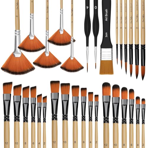 Linkstyle 32-Stück Pinselset Acrylfarben Set: Künstlerpinsel Set Acryl für Aquarell Öl Gouache Steinmalerei, Nylon Pinsel für Hobby Künstler Bastelprojekte