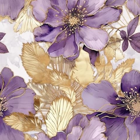 REDAMANCY Golden Purple Floral Leaf Plants Peonies Flowers Watercolor Peel and Stick Wallpaper Stick on Contact Paper Vintage Wall Paper Easy Peel Off for nightstand Drawer Cabinet Renter Cover