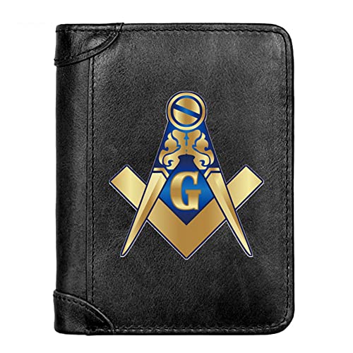 Men's Genuine Leather High Capacity Trifold Short Wallet, RFID Blocking Multifunctional Sleek Slim Photo Window and Credit Card Holder Freemasons Masonic Money Purses,Black,Style 3