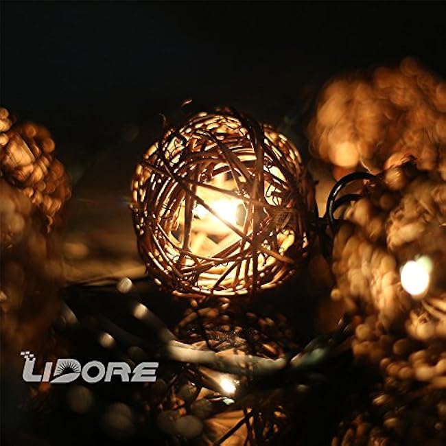 LIDORE Rattan Christmas String Lights, Mini Globe Wicker Lights for Patio, Wedding, Garden and Party, Brown Rattan and Green Cord, 7.92Ft Indoor/Outdoor