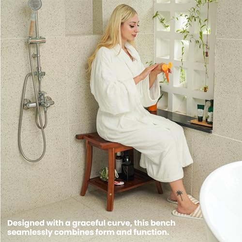 Tinamo Acacia Shower Benches for Inside Shower 22" x 13" x 18.6" - Wooden Shower Stool Waterproof for Shaving Legs - Shower Bench Seat with Storage Towel Shelf - Tub Bench Chair Spa Bath(Acacia Wood) - Thumbnail 6