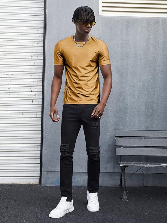 WDIRARA Men's Round Neck Short Sleeve Metallic Tee Top Party T Shirts4