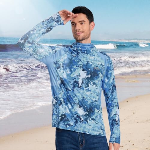 Image of Men's UPF 50+ Hoodie Shirt with Mask Long Sleeve Permanent UV Sun Protection Neck Gaiter Performance T for Outdoor