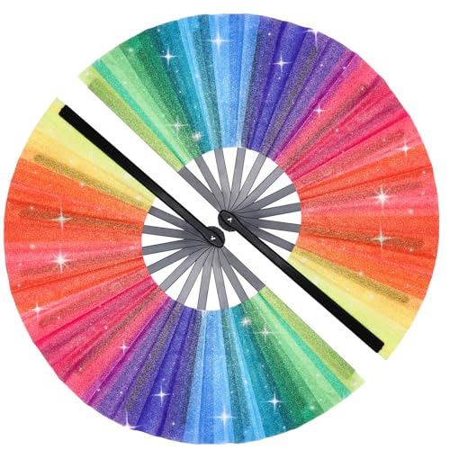 MOUNTCLIM 2 Pcs Large Rainbow Hand Fan Glitter, Pride Fans Big Folding Hand Held Fans Rave Hand Fan Gay LGBTQ Stuff for Pride Month Parade Dance Performance Drag Weddings Music Festival Decoration