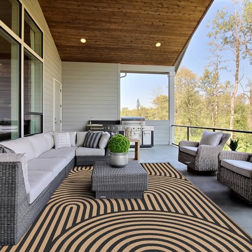 Image of GENIMO 5'x8' Outdoor Rug for Patio Waterproof, Reversible Plastic Straw Rug, Geometric Area Rug Outside Carpet, Camping Mats for Rv, Backyard, Deck, Balcony, Porch, Beach Black&Brown