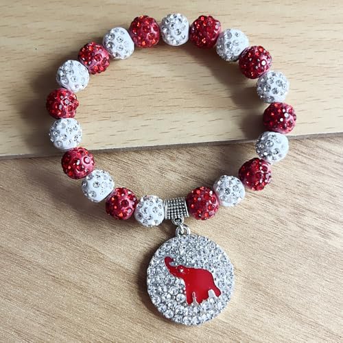 Image of Sisterhood Jewelry DELTA Sorority Society Round Rhinestone Elephant Pendant Red White Bead Bracelet