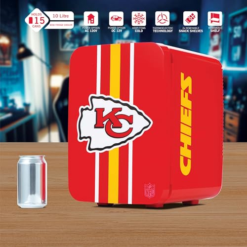 Image of Ukonic NFL Kansas City Chiefs 15-Can Mini Fridge 10L - AC /DC Powered, Official Team Colors & Logo, Portable Cooler for Tailgates, Home, Office, or Car
