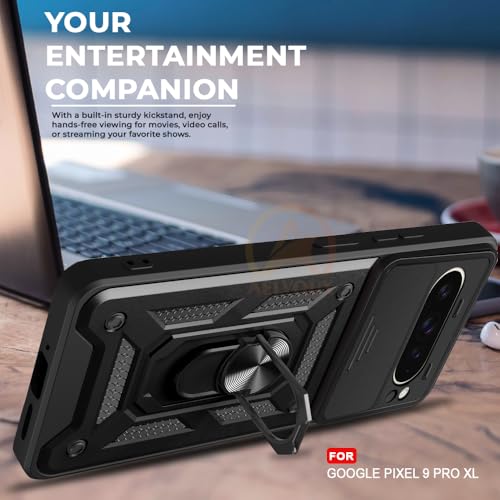 Image of Armor Bumper Back Cover Case for Google Pixel 9 Pro XL Rotating Camera Cover, Ring Holder & Kickstand | Heavy Duty & 360 Degree Protection Google Pixel 9 Pro XL Back Cover (Black)