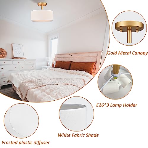 Image of Modern 3 Light Gold Drum Semi Flush Mount Ceiling Light | Ceiling Mount Light Fixture for Hallway Bedroom Entryway Foyer Office