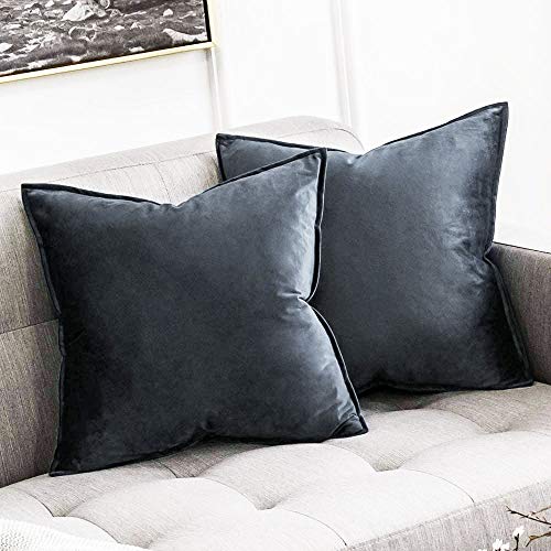 Khooti Decorative Velvet Square Cushion Cover Throw pillow cover for Living Room Couch Diwan single seater Sofa , Colourful Modern Small 26 x 26 Inches / 65 x 65 cm (Colour - Dark Grey)(Set of 2