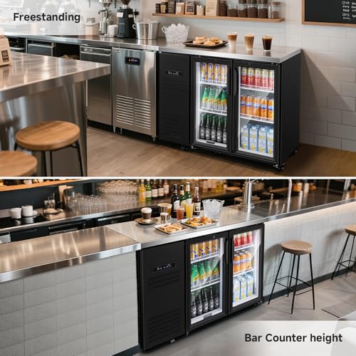 Image of BODEGACOOLER Commercial Back Bar Cooler with 2 Glass Doors,12 Cu.Ft Stainless Steel Commercial Counter Height Bar Refrigerator,Display Drink Beverage Beer Fridge LED Lighting,SUS304 Top,4 Casters
