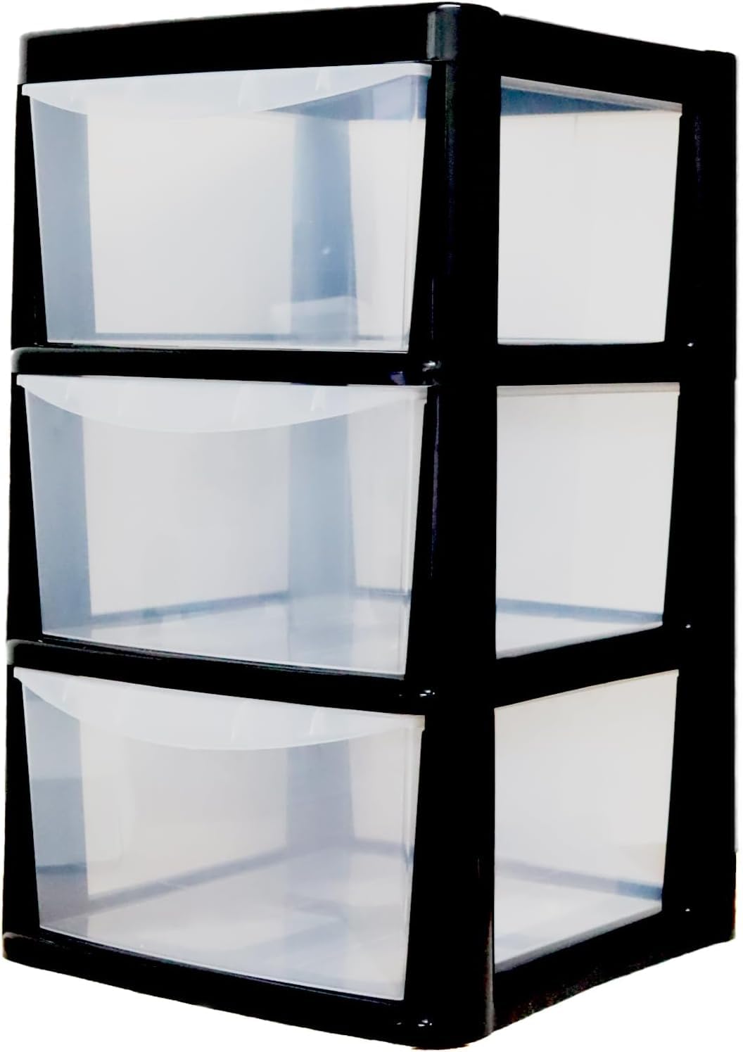 KYYZ - Large Modular Drawer Tower Unit - Clear Plastic Storage Cabinets for Home, Office, Garage & Crafts - Stackable Transparent Drawer Organiser - Strong Frame Plastic Storage (Black/Clear, 3 Tier)
