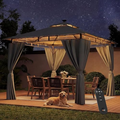JUMMICO Garten Pavillon 3 x 3 m mit Beleuchtung, wasserdichter,Pavillon 3x3 wasserdicht stabil, geeignet für Garten und Terrasse, mit Vier Seitenwänden zum Schutz vor Sonne und Regen, Grau