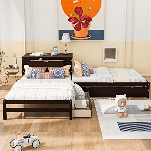 Lepfun Full Size L-Shaped Platform Bed With Trundle & Drawers Linked W/Built-In Desk For Kids, Bedroom, Teens, Adults, No Box Spring Needed, Wood Bedframe 3 In 1, Espresso #TOP18