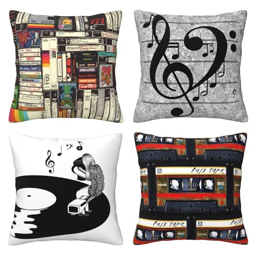 Conjunto de 4 capas de almofada, fita cassete de m&uacute;sica vintage, fita magn&eacute;tica de som, s&iacute;mbolo,...