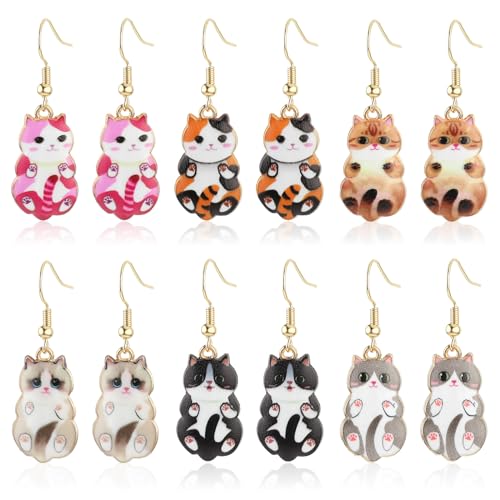 Mabor 6 Pairs Cute Cat Earrings for Women Colored Kitty Cat Earrings Alloy Drop Dangle Fun Anime Animal Earrings Aesthetic Funny Cartoon Earings Jewelry Gifts for Cat Lovers
