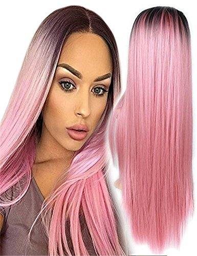 BeautyWig Tresillo Rosado Derecho Largo Pelucas para Mujer Medio Parte Oscuro Roots Calor Resistente Sintético Cosplay Cabello 28 inch