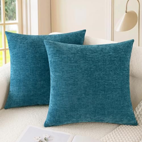 Image of CaliTime Throw Pillow Covers Decorative 26 X 26 Inches Pack of 2 Cozy Chenille Cushion Cases for Couch Sofa Bed Living Room Home Ocean Blue