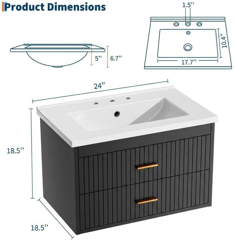 GarveeHome 24 Inch Floating Bathroom Vanity with Sink Combo, Wall Mounted Bathroom Storage Cabinet with 2 Drawers for Bathroom