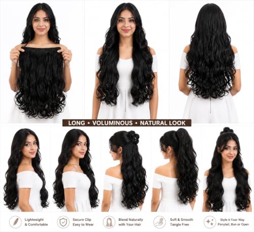 Image of Women Hair Extension Long Curly Wavy Black 16 Inches Hairpiece With 5 BB Clip /Hair Extension for Women Party /Halloween /Christmas