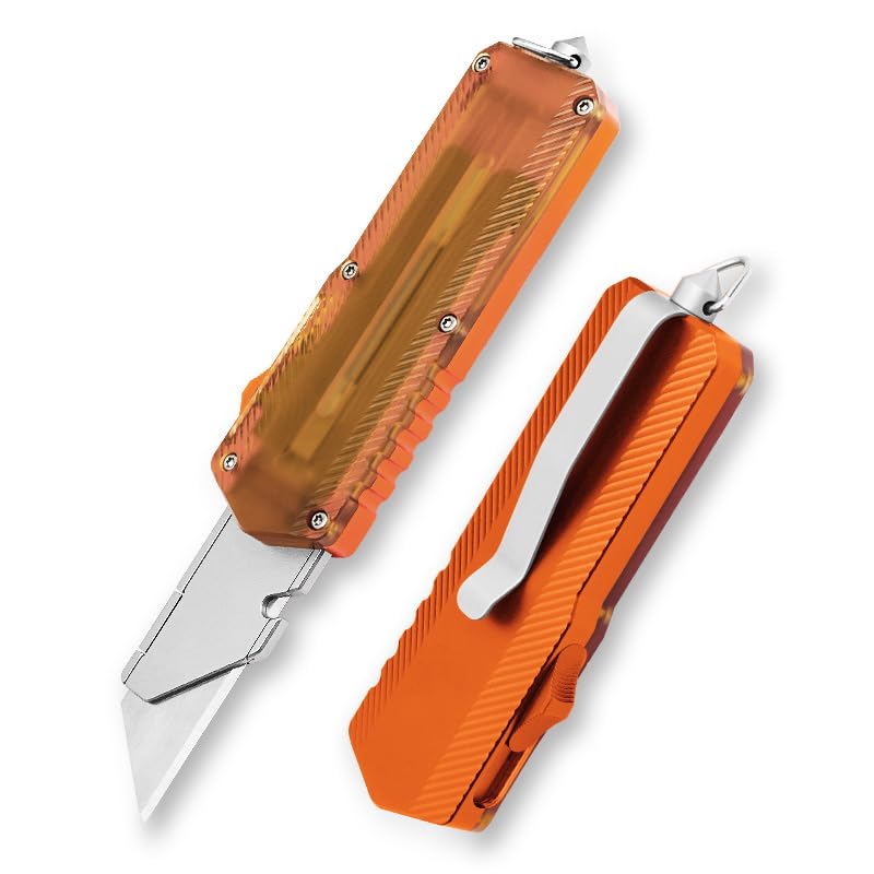 Image of Aluminum Alloy Utility Knife, Retractable Box Cutter Pocket Knife Replaceable Blade EDC Razor Knife with 10pcs Blades (ORANGE)
