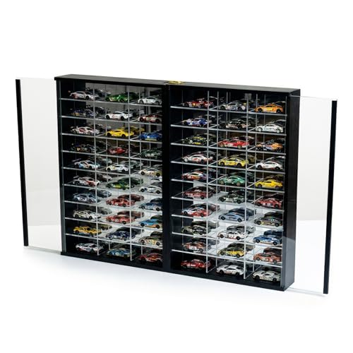 Foldable Model Car Display Case with Wall Mounts Hold up to 60 Cars 2 in 1 Display Way 1/64 Scale Box Model Hot Toy Cars Storage Organizer 21.85*2.36*16.34 UV Protection Acrylic Glass Door