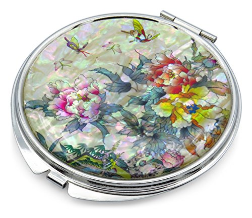 Espejo compacto redondo con aumento flores mariposas miniatura 2