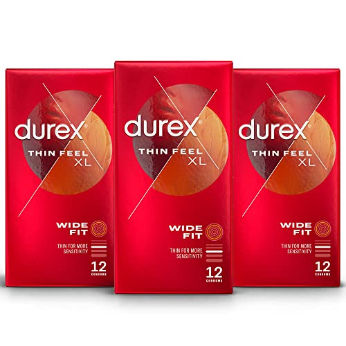 Durex Preservativos Thin Feel XL para mejorar la sensación y la sensibilidad, condones extra grandes, paquete de 3 x 12 condones, total 36 condones
