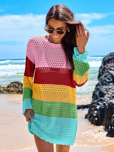 Image of ANRABESS Women Swimsuit Crochet Swim Cover Up 2026 Summer Bathing Suit Swimwear Mesh Knit Beach Dress Vacation Outfits